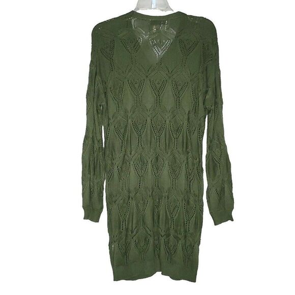 Hollow Out Knit Long Cardigan Sweater L Green Lightweight Fairy Feminine Crochet - Picture 2 of 6